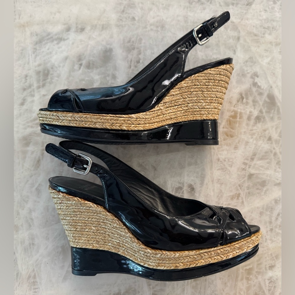 SUPER  EUC Stuart Weitzman Black Patent/Woven Jute Platforms, Sz 9